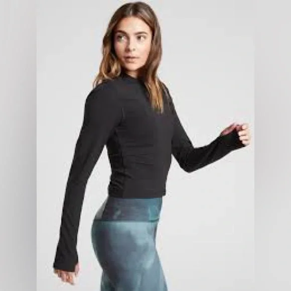 Athleta Shanti Mock Neck Longsleeve Top Black Small Open Back - Picture 2 of 6